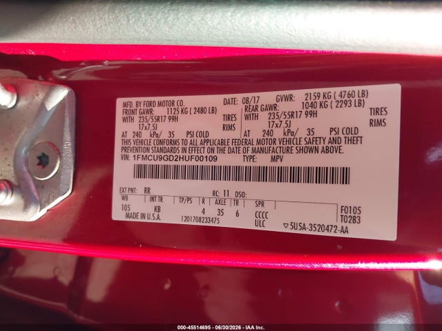 Ford ESCAPE SE 2017 1FMCU9GD2HUF00109 Image 9