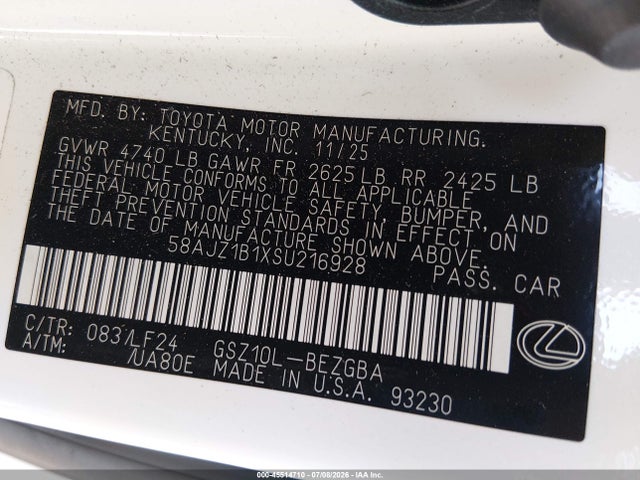 45514710 :رقم المزاد ، 58AJZ1B1XSU216928 vin ، 2025 Lexus Es 350 F Sport Handling مزاد بيع