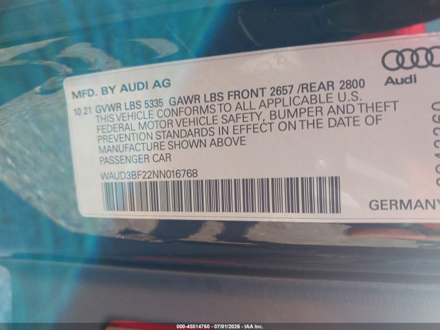 Aukcja sprzedaży 2022 Audi A6 Premium 45 Tfsi Quattro S Tronic, vin: WAUD3BF22NN016768, numer aukcji: 45514760