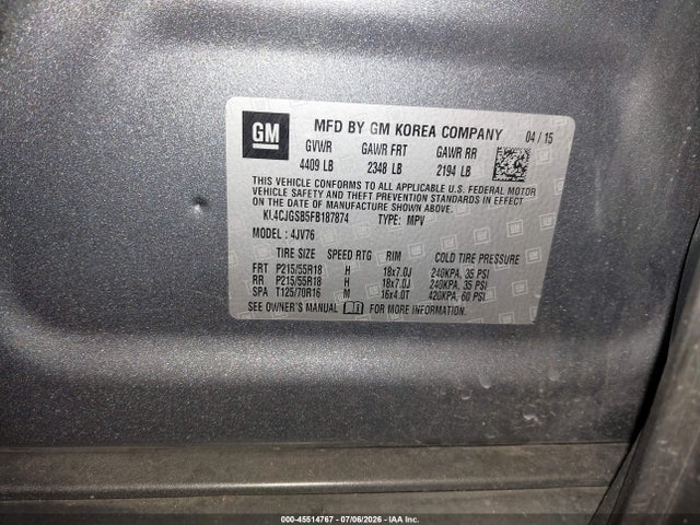 45514767 :رقم المزاد ، KL4CJGSB5FB187874 vin ، 2015 Buick Encore Leather مزاد بيع