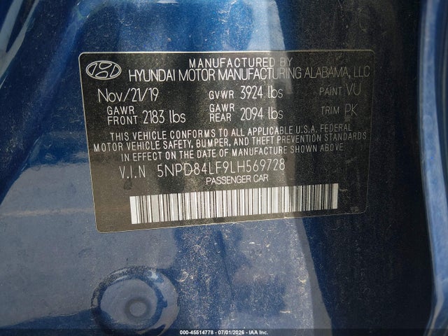 Продажа на аукционе авто 2020 Hyundai Elantra Sel, vin: 5NPD84LF9LH569728, номер лота: 45514778