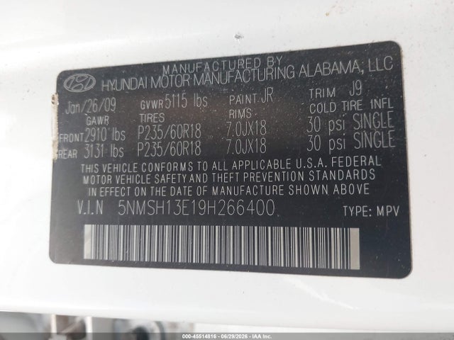 2009 Hyundai Santa Fe Limited მანქანა იყიდება აუქციონზე, vin: 5NMSH13E19H266400, აუქციონის ნომერი: 45514816