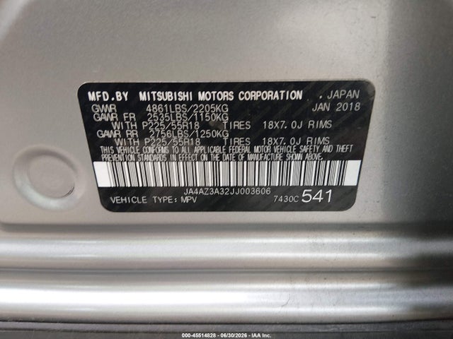2018 Mitsubishi Outlander Se მანქანა იყიდება აუქციონზე, vin: JA4AZ3A32JJ003606, აუქციონის ნომერი: 45514828