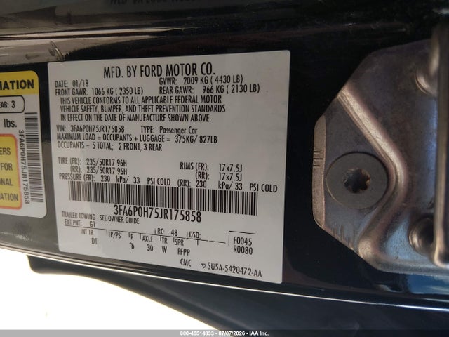 Ford FUSION SE 2018 3FA6P0H75JR175858 Image 9