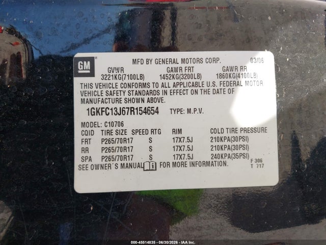 45514835 :رقم المزاد ، 1GKFC13J67R154654 vin ، 2007 Gmc Yukon Slt مزاد بيع