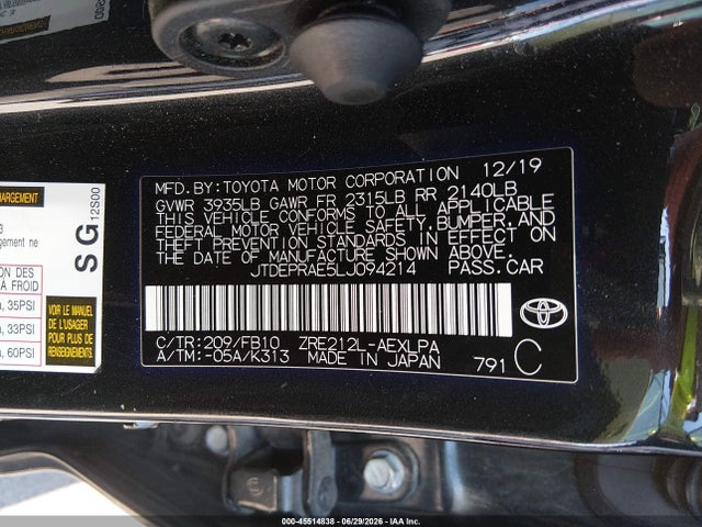 45514838 :رقم المزاد ، JTDEPRAE5LJ094214 vin ، 2020 Toyota Corolla Le مزاد بيع