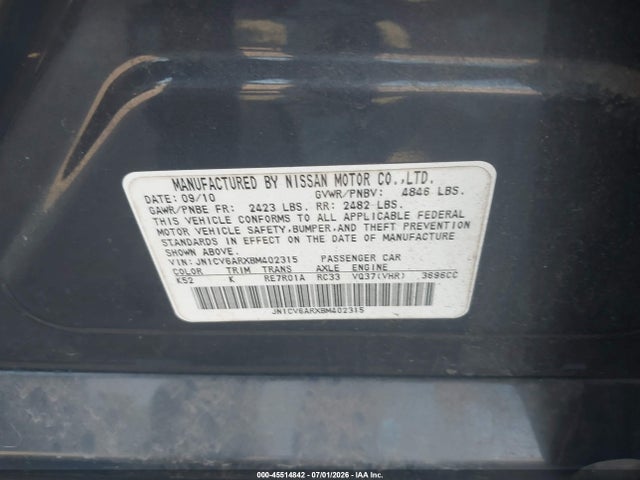 45514842 :رقم المزاد ، JN1CV6ARXBM402315 vin ، 2011 Infiniti G37x مزاد بيع