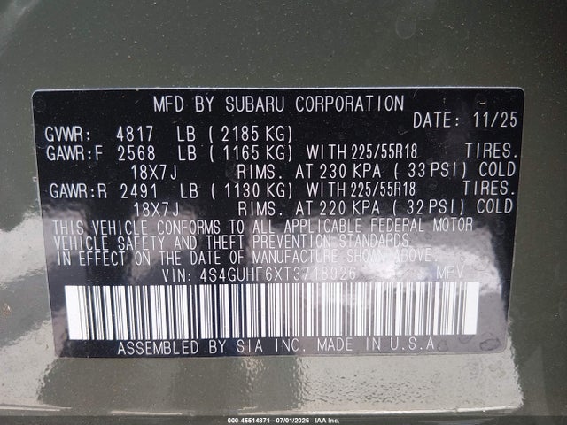 2026 Subaru Crosstrek Sport მანქანა იყიდება აუქციონზე, vin: 4S4GUHF6XT3718926, აუქციონის ნომერი: 45514871