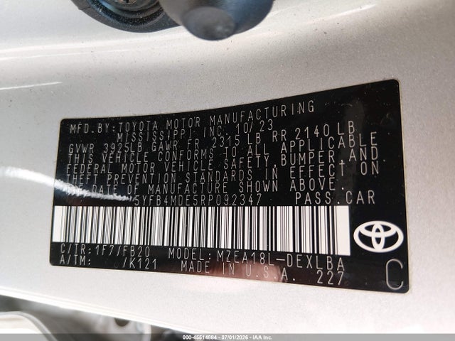 45514884 :رقم المزاد ، 5YFB4MDE5RP092347 vin ، 2024 Toyota Corolla Le مزاد بيع