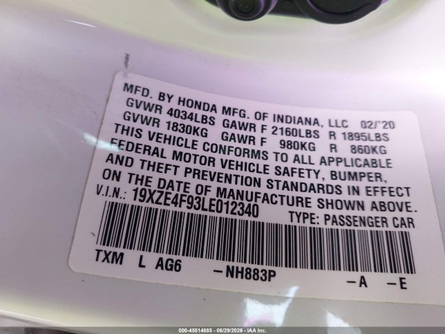 Aukcja sprzedaży 2020 Honda Insight Touring, vin: 19XZE4F93LE012340, numer aukcji: 45514885