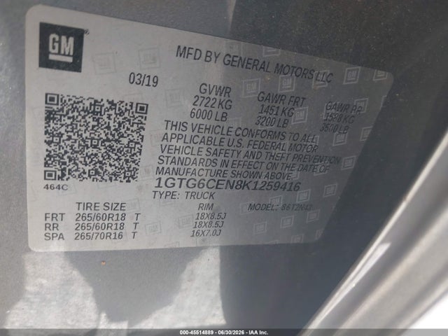 Продаж на аукціоні авто 2019 Gmc Canyon Sle, vin: 1GTG6CEN8K1259416, номер лоту: 45514889