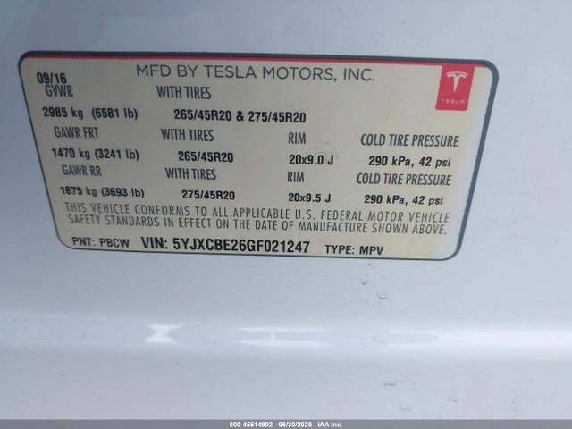 Aukcja sprzedaży 2016 Tesla Model X 60d/70d/75d/90d/p100d, vin: 5YJXCBE26GF021247, numer aukcji: 45514902