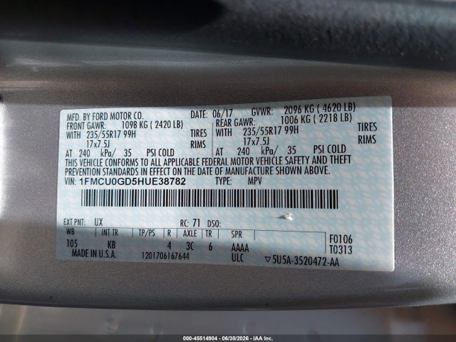 45514904 :رقم المزاد ، 1FMCU0GD5HUE38782 vin ، 2017 Ford Escape Se مزاد بيع