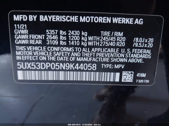 Продажа на аукционе авто 2022 Bmw X3 Xdrive30i, vin: 5UX53DP05N9K44058, номер лота: 45514910