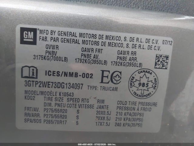 Aukcja sprzedaży 2013 Gmc Sierra 1500 Slt, vin: 3GTP2WE73DG134097, numer aukcji: 45514920