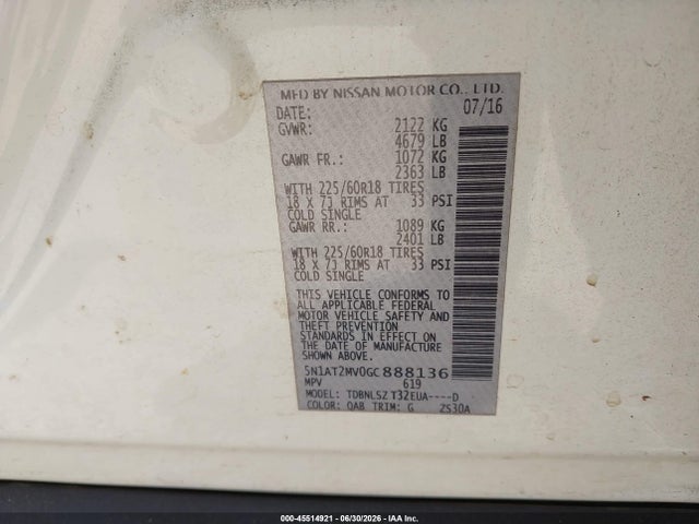 2016 Nissan Rogue Sl მანქანა იყიდება აუქციონზე, vin: 5N1AT2MV0GC888136, აუქციონის ნომერი: 45514921