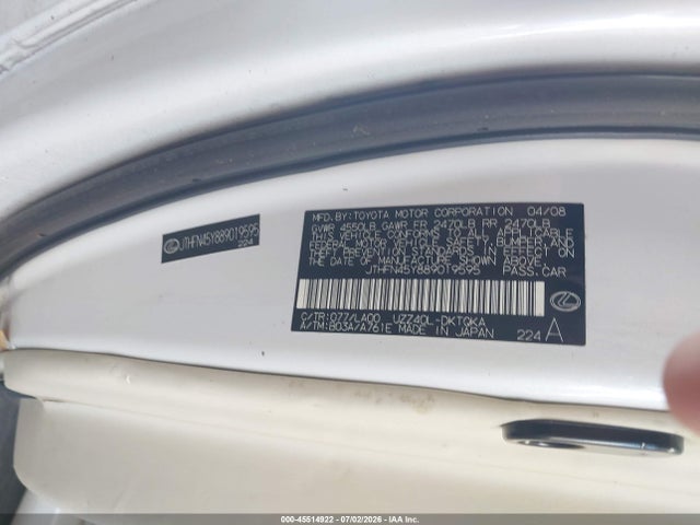 45514922 :رقم المزاد ، JTHFN45Y889019595 vin ، 2008 Lexus Sc 430 مزاد بيع