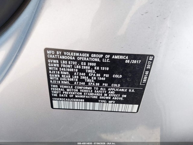 45514930 :رقم المزاد ، 1V2CR2CA3JC505385 vin ، 2018 Volkswagen Atlas 3.6l V6 Se مزاد بيع