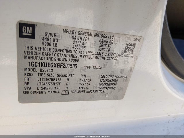 45514932 :رقم المزاد ، 1GC1KUEGXGF201505 vin ، 2016 Chevrolet Silverado 2500hd Wt مزاد بيع