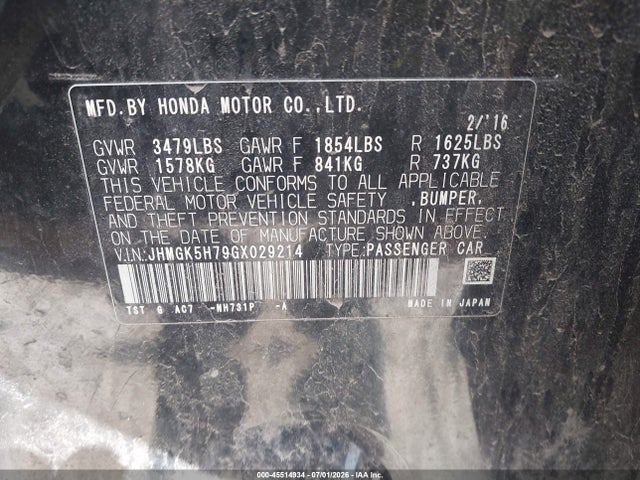 45514934 :رقم المزاد ، JHMGK5H79GX029214 vin ، 2016 Honda Fit Ex مزاد بيع