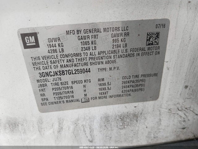 Продаж на аукціоні авто 2016 Chevrolet Trax 1ls, vin: 3GNCJKSB7GL259044, номер лоту: 45514935
