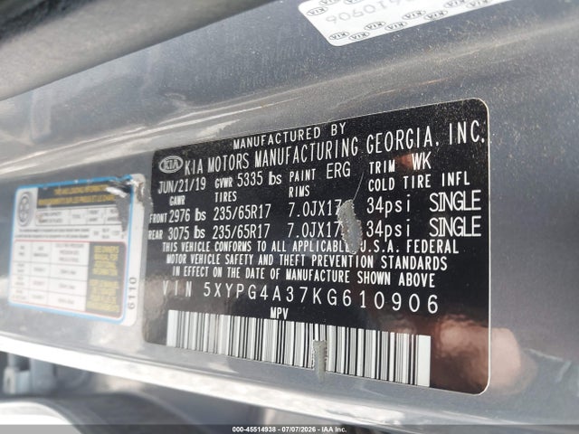 2019 Kia Sorento 2.4l L მანქანა იყიდება აუქციონზე, vin: 5XYPG4A37KG610906, აუქციონის ნომერი: 45514938
