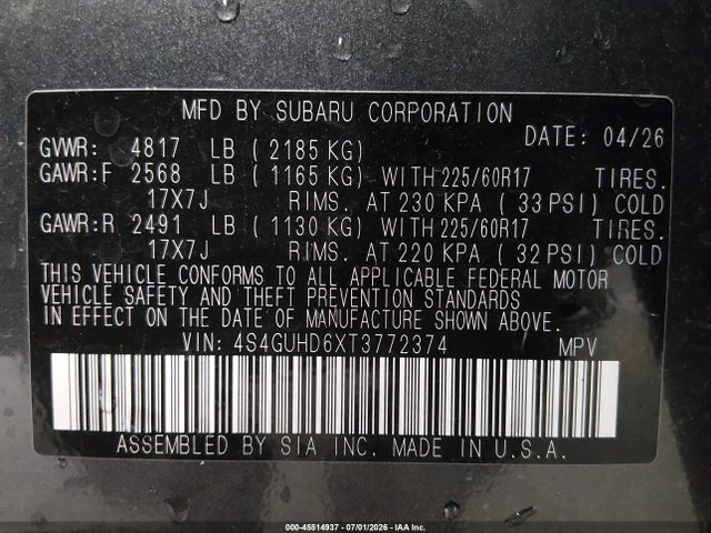 45514937 :رقم المزاد ، 4S4GUHD6XT3772374 vin ، 2026 Subaru Crosstrek Premium مزاد بيع