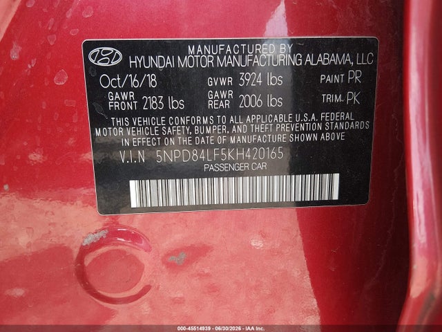 45514939 :رقم المزاد ، 5NPD84LF5KH420165 vin ، 2019 Hyundai Elantra Sel مزاد بيع