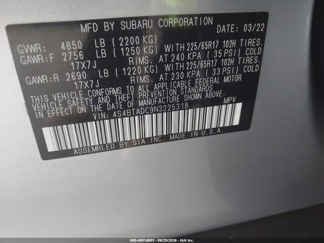 Продажа на аукционе авто 2022 Subaru Outback Premium, vin: 4S4BTADC9N3225318, номер лота: 45514953