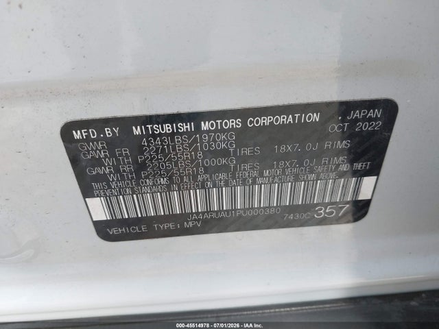 45514978 :رقم المزاد ، JA4ARUAU1PU000380 vin ، 2023 Mitsubishi Outlander Sport 2.0 Es Awc/2.0 Le Awc/2.0 Ralliart Awc/2.0 S Awc/2.0 Se Awc مزاد بيع