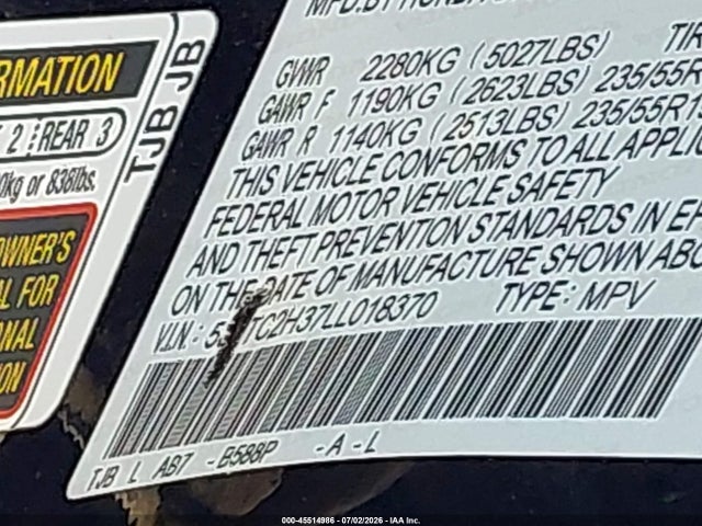 45514986 :رقم المزاد ، 5J8TC2H37LL018370 vin ، 2020 Acura Rdx Standard مزاد بيع