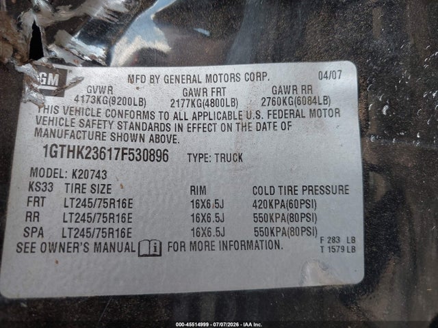 45514999 :رقم المزاد ، 1GTHK23617F530896 vin ، 2007 Gmc Sierra 2500hd Slt مزاد بيع
