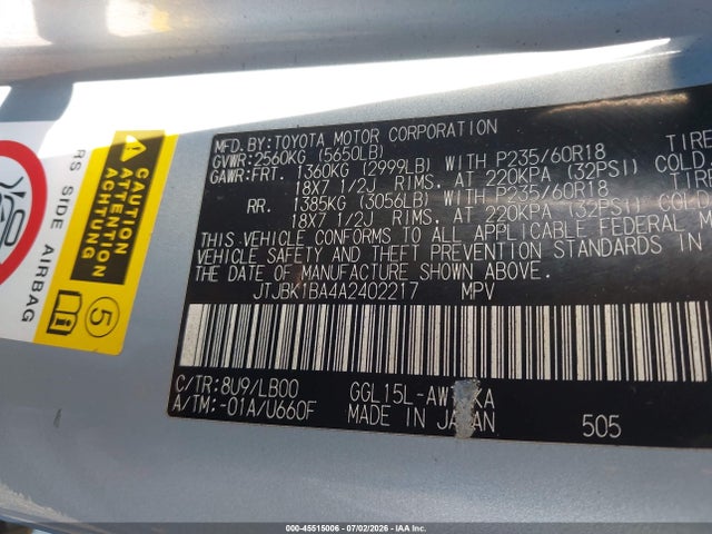 45515006 :رقم المزاد ، JTJBK1BA4A2402217 vin ، 2010 Lexus Rx 350 مزاد بيع