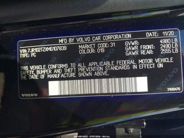 Aukcja sprzedaży 2021 Volvo S60 T5 Momentum, vin: 7JR102TZXMG107839, numer aukcji: 45515022