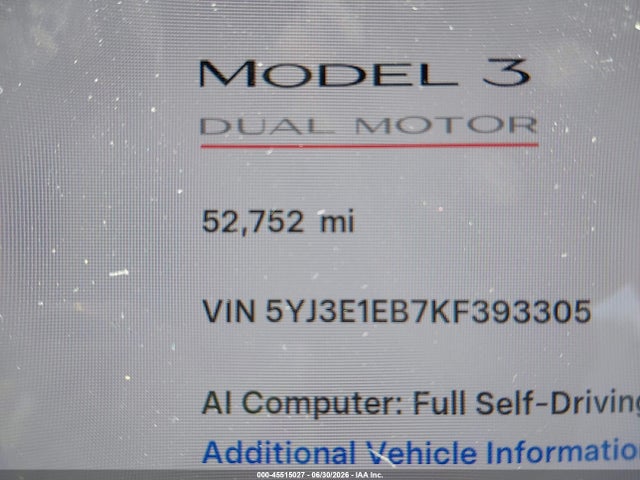 45515027 :رقم المزاد ، 5YJ3E1EB7KF393305 vin ، 2019 Tesla Model 3 Long Range/performance مزاد بيع