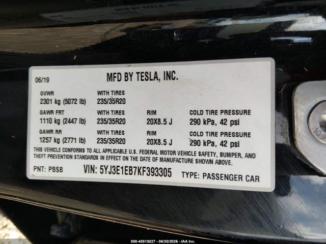45515027 :رقم المزاد ، 5YJ3E1EB7KF393305 vin ، 2019 Tesla Model 3 Long Range/performance مزاد بيع
