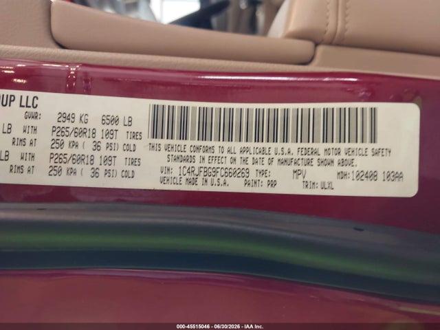 45515046 :رقم المزاد ، 1C4RJFBG9FC660269 vin ، 2015 Jeep Grand Cherokee Limited مزاد بيع