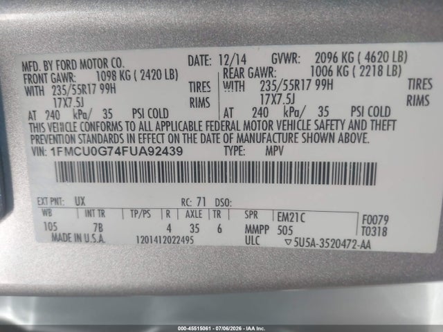 Ford ESCAPE SE 2015 1FMCU0G74FUA92439 Image 9