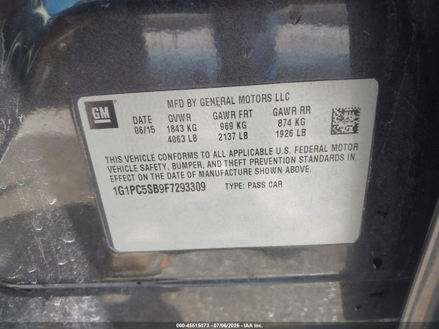 1G1PC5SB9F7293309 Chevrolet Cruze 1lt Auto