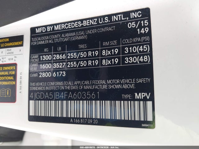 Продаж на аукціоні авто 2015 Mercedes-benz Ml 350, vin: 4JGDA5JB4FA603561, номер лоту: 45515078