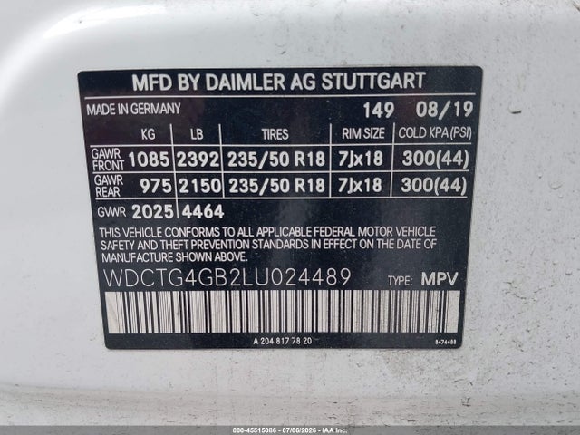2020 Mercedes-benz Gla 250 4matic მანქანა იყიდება აუქციონზე, vin: WDCTG4GB2LU024489, აუქციონის ნომერი: 45515086