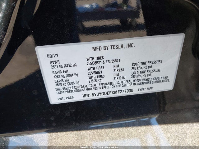 Aukcja sprzedaży 2021 Tesla Model Y Performance Dual Motor All-wheel Drive, vin: 5YJYGDEFXMF277930, numer aukcji: 45515093