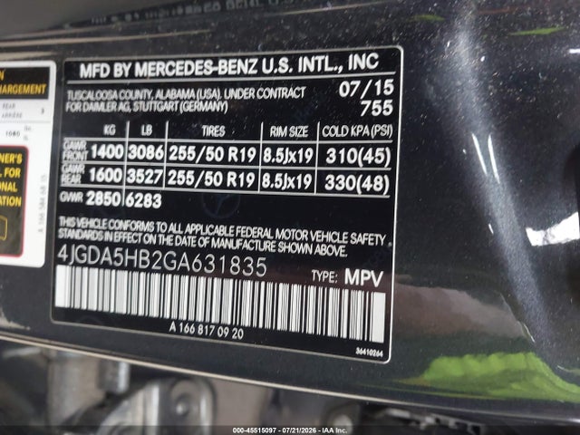 Продаж на аукціоні авто 2016 Mercedes-benz Gle 350 4matic, vin: 4JGDA5HB2GA631835, номер лоту: 45515097