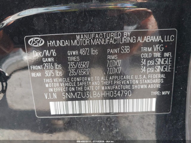Продажа на аукционе авто 2017 Hyundai Santa Fe Sport 2.4l, vin: 5NMZU3LB6HH034790, номер лота: 45515111