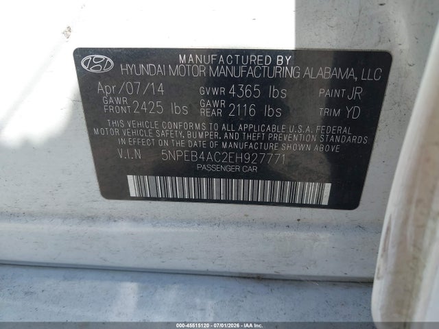 5NPEB4AC2EH927771 Hyundai Sonata