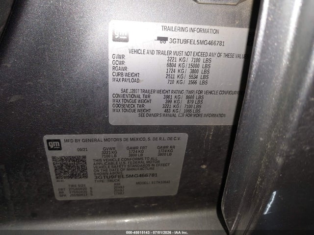 Продаж на аукціоні авто 2021 Gmc Sierra 1500 4wd  Short Box Denali, vin: 3GTU9FEL5MG466781, номер лоту: 45515143