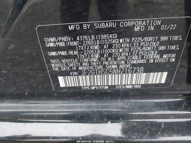 Продажа на аукционе авто 2022 Subaru Crosstrek Sport, vin: JF2GTHSC5NH216738, номер лота: 45515145
