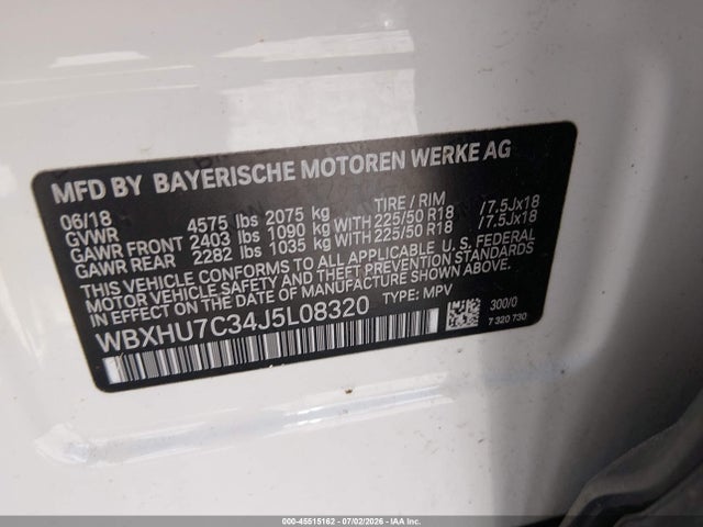 45515162 :رقم المزاد ، WBXHU7C34J5L08320 vin ، 2018 Bmw X1 Sdrive28i مزاد بيع