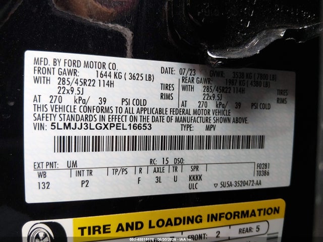 45515170 :رقم المزاد ، 5LMJJ3LGXPEL16653 vin ، 2023 Lincoln Navigator Reserve L مزاد بيع