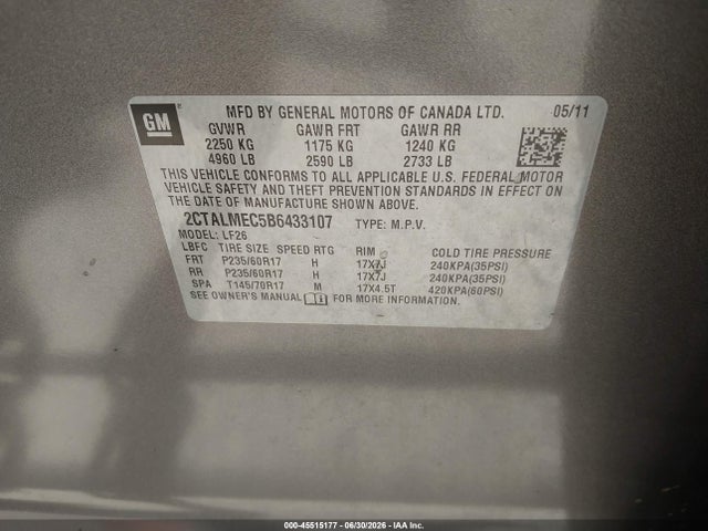 45515177 :رقم المزاد ، 2CTALMEC5B6433107 vin ، 2011 Gmc Terrain Sle-1 مزاد بيع